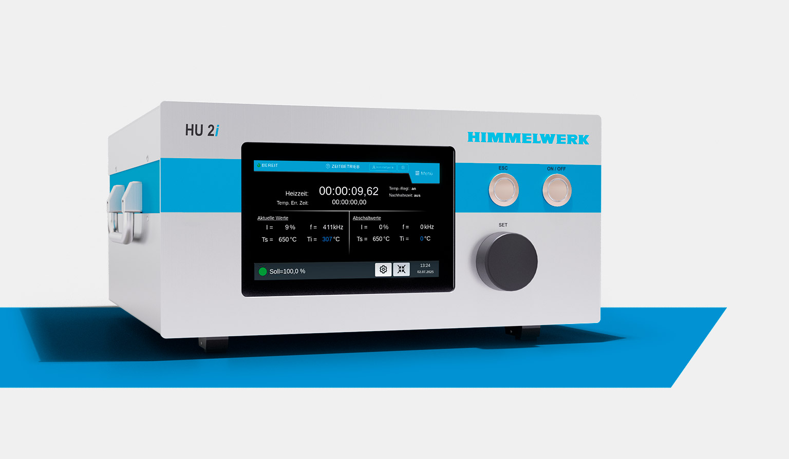 HU 2i table top induction converter. a light grey box with blue accents, interface buttons and a large touch display