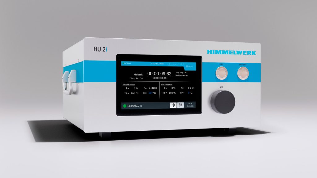 our new silver grey and blue coloured table top sized HU 2i induction converter unit for smaller induction heating jobs with its large touch screen interface.