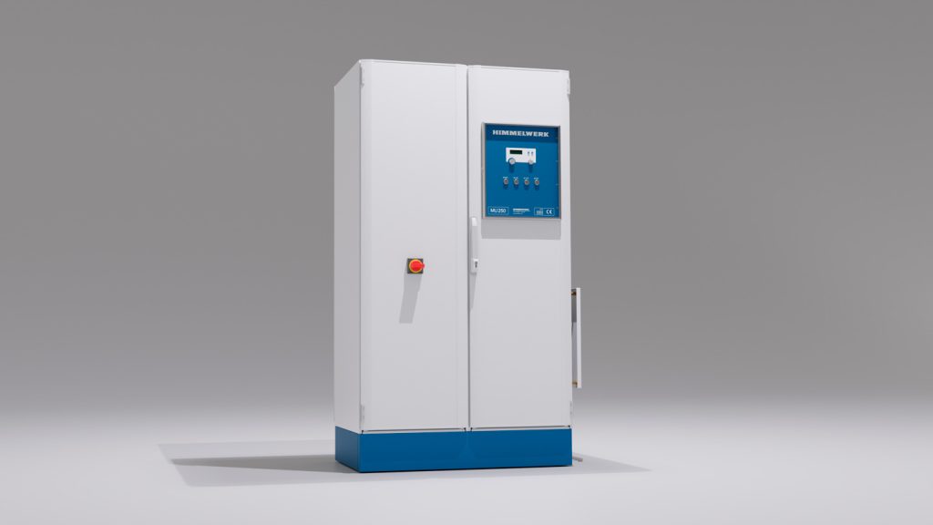 a large 2 meter tall light grey cabinet converter unit with blue accents housing our MU 250 model.