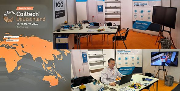 image collage of our trade show booth at the coiltech expo. orange carpet floor, large white banners showing our company's tech and a tv running our image film next to someone from the sales team ready to answer visitors questions and explain the tech. also some chocolates on the booth's table next to a small table top demonstration set up of our induction tech.